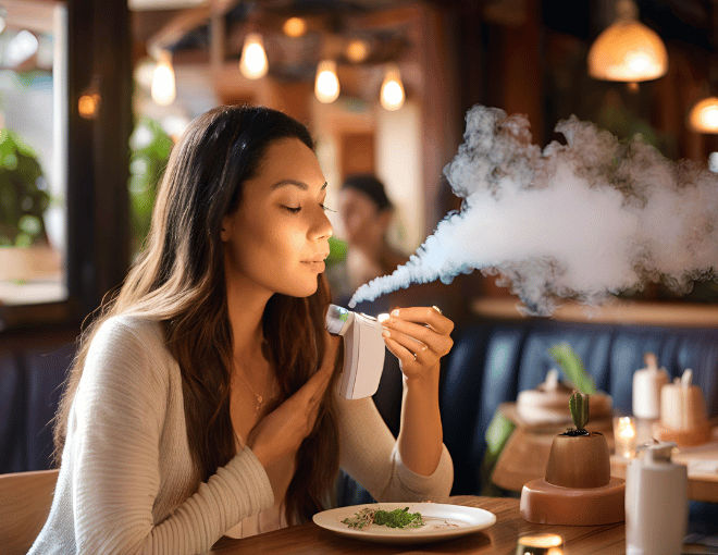 A beautiful woman discreetly uses a portable nebulizer at a cozy restaurant, exhaling a soft mist as ambient light highlights her serene, focused expression.