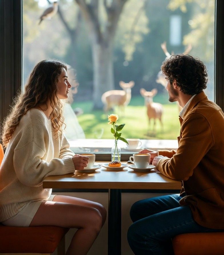 Guests enjoying coffee while observing animals in a calm café setting