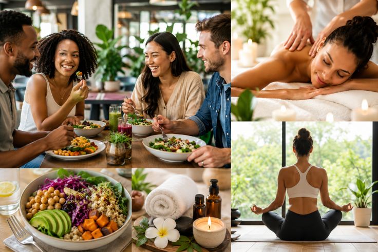 enjoying nutritious meals and wellness treatments