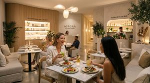 A sophisticated wellness-inspired restaurant lounge blended with luxury med spa aesthetics, featuring elegant dining ambiance